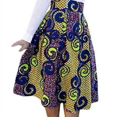 Women's High Waist A-Line Pleated African Print Midi Skirt X-Large Multicolored