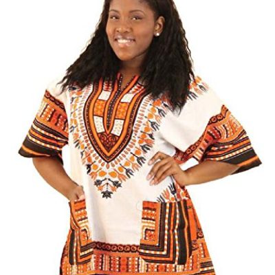 Traditional Thailand Style Dashiki - Available in Several Color Combinations (White with Orange)XL