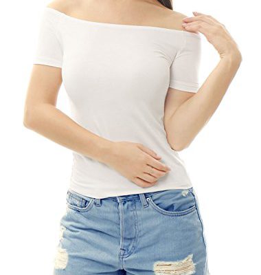 Allegra K Women Short Sleeves Slim Fit Off the Shoulder Top White XL