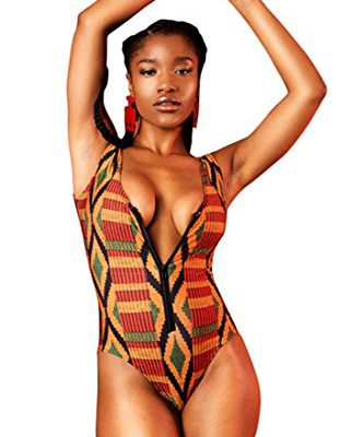 Huiyuzhi Women African Zipper Ankara Print Monokini Bathing Swimsuits